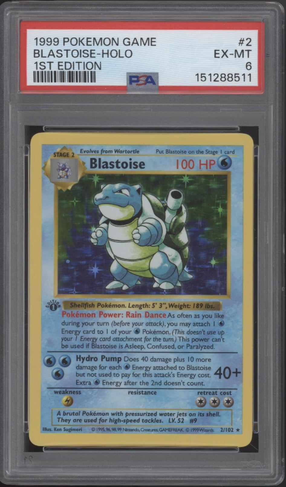 Blastoise Pokemon Base Set Holo 1st Edition #2 PSA 6