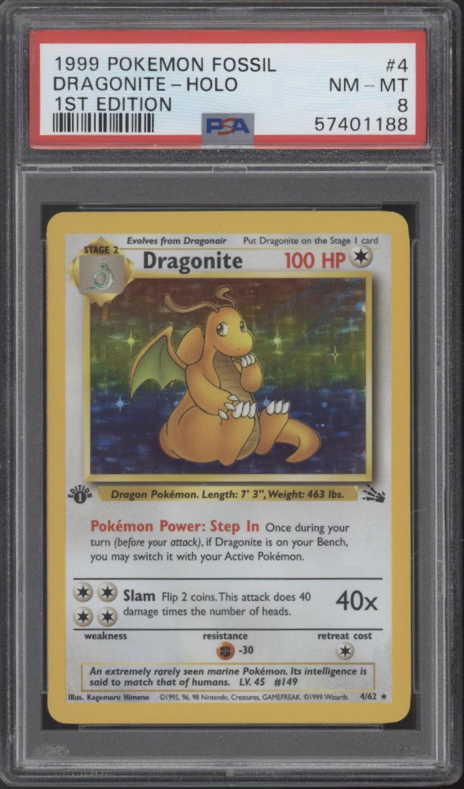 Dragonite Pokemon Fossil Holo 1st Edition #4 PSA 8