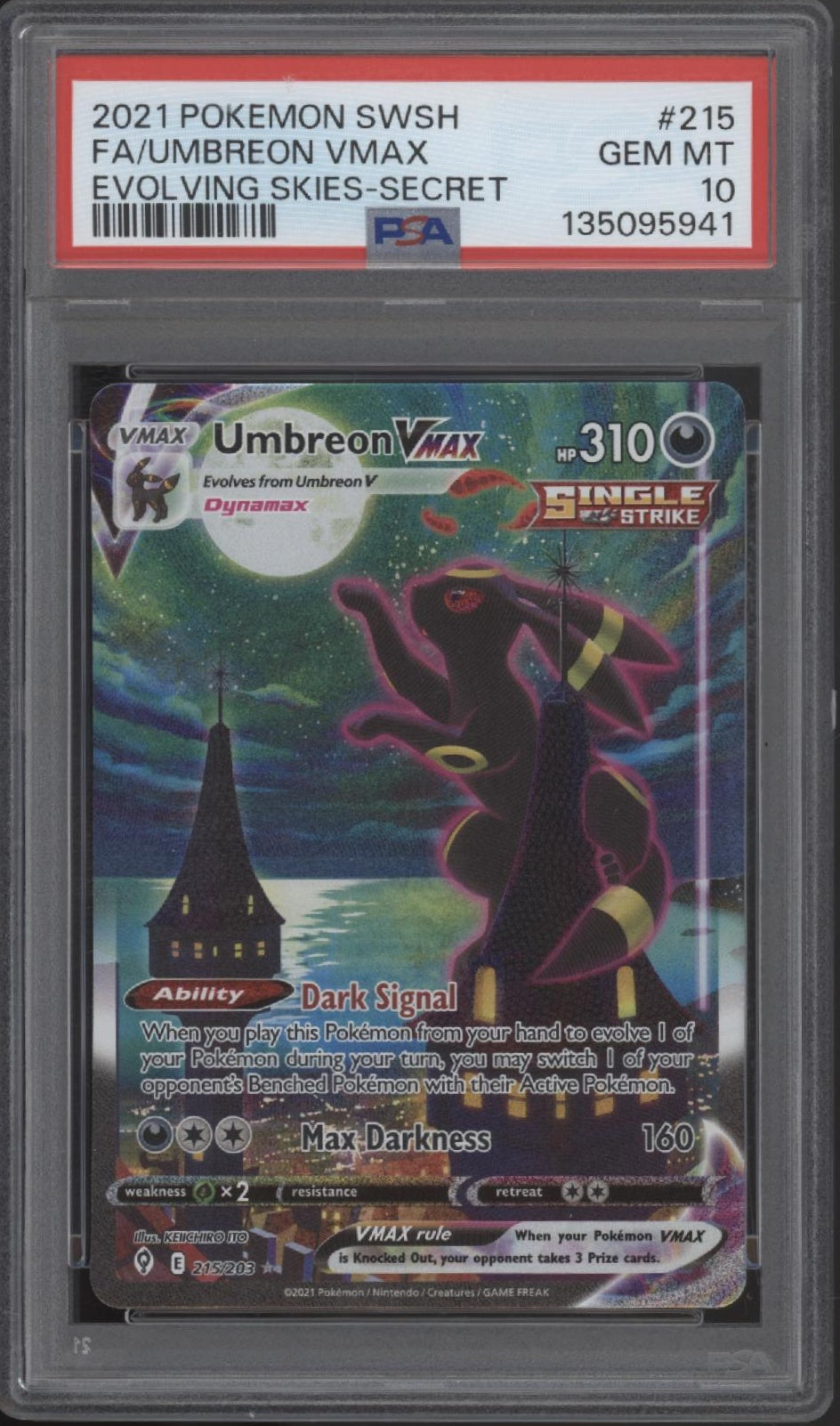 Umbreon VMAX Pokemon Evolving Skies Full Art Secret #215 PSA 10