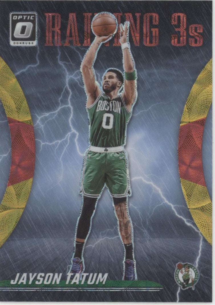 Jayson Tatum 2023-24 Donruss Optic Raining 3s Red & Gold International 42/99