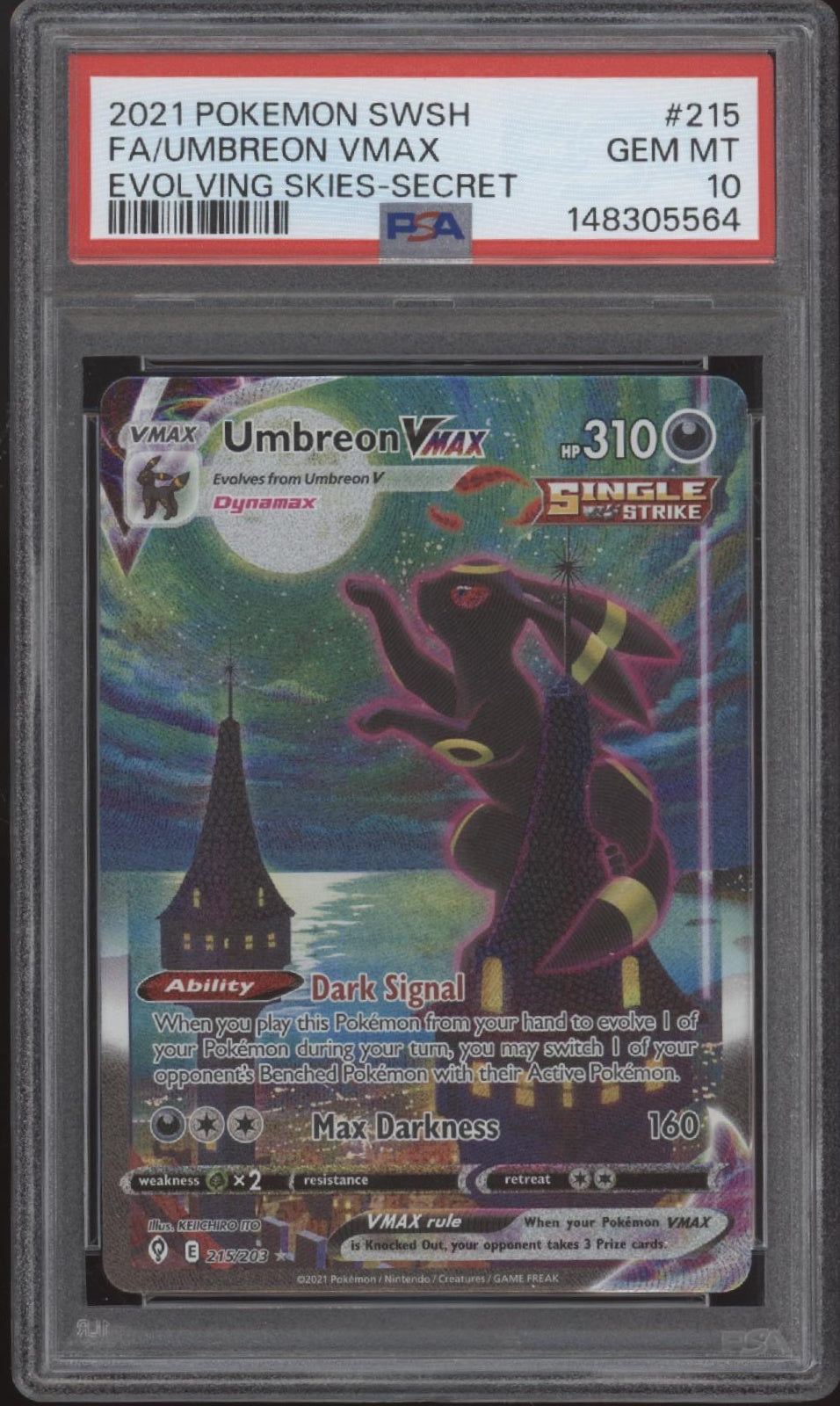 Umbreon Pokemon Evolving Skies Full Art Secret #215 PSA 10