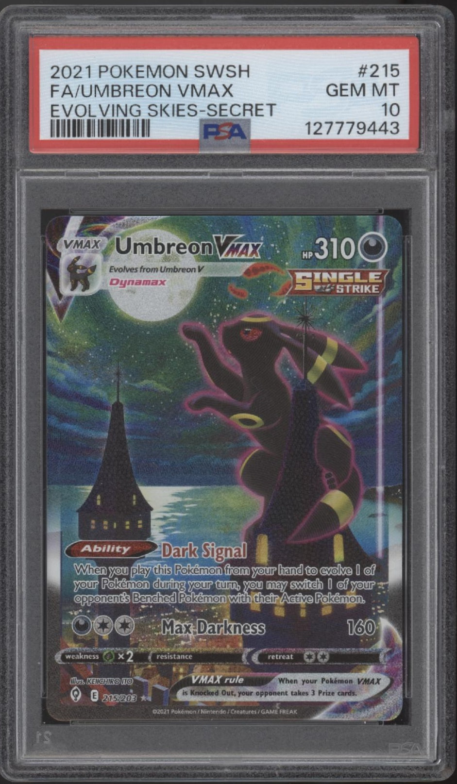Umbreon VMAX Pokemon Evoliving Skies Full Art Secret #215 PSA 10