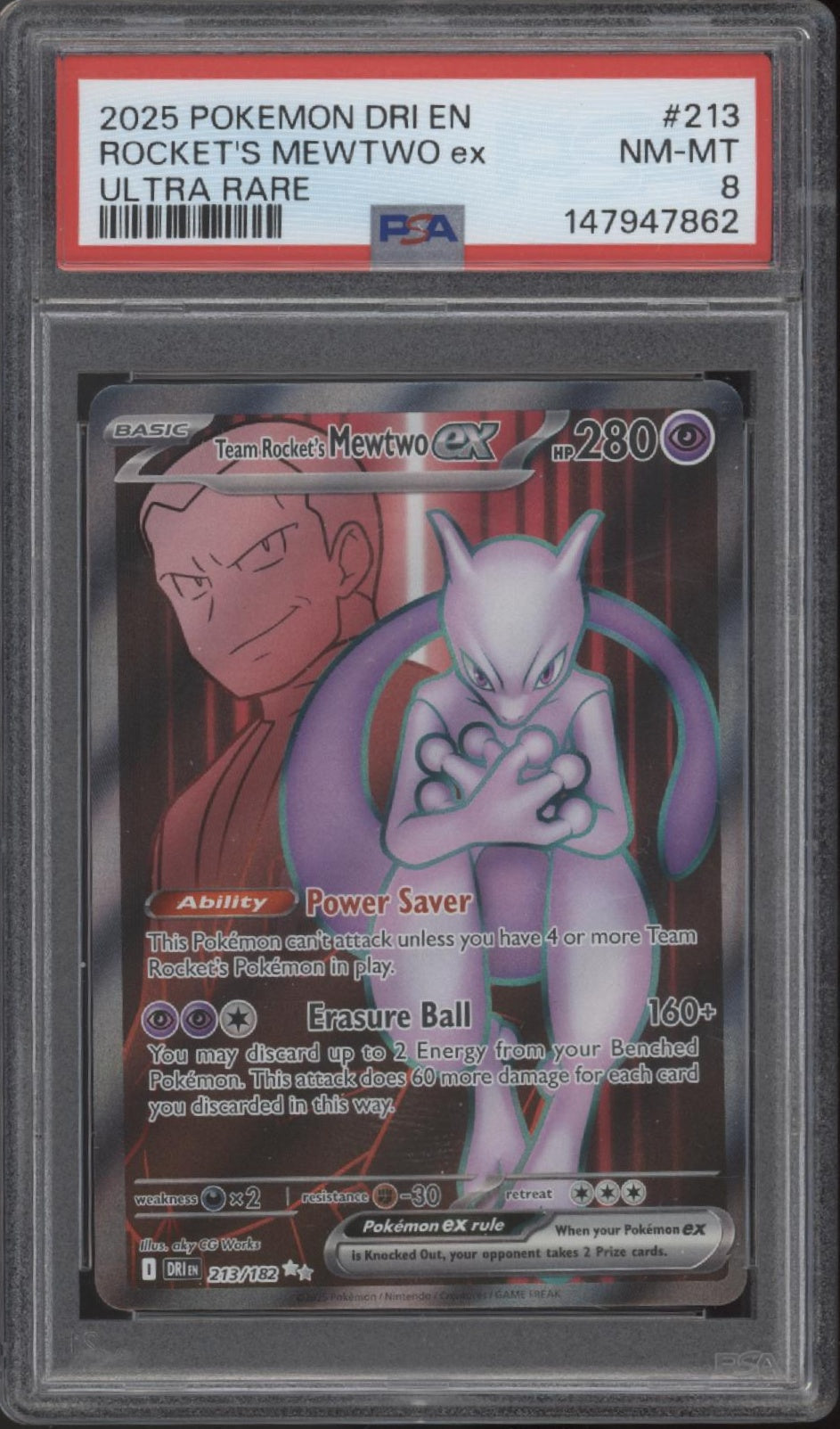 Rocket's Mewtwo ex Pokemon Destined Rivals Ultra Rare #213 PSA 8