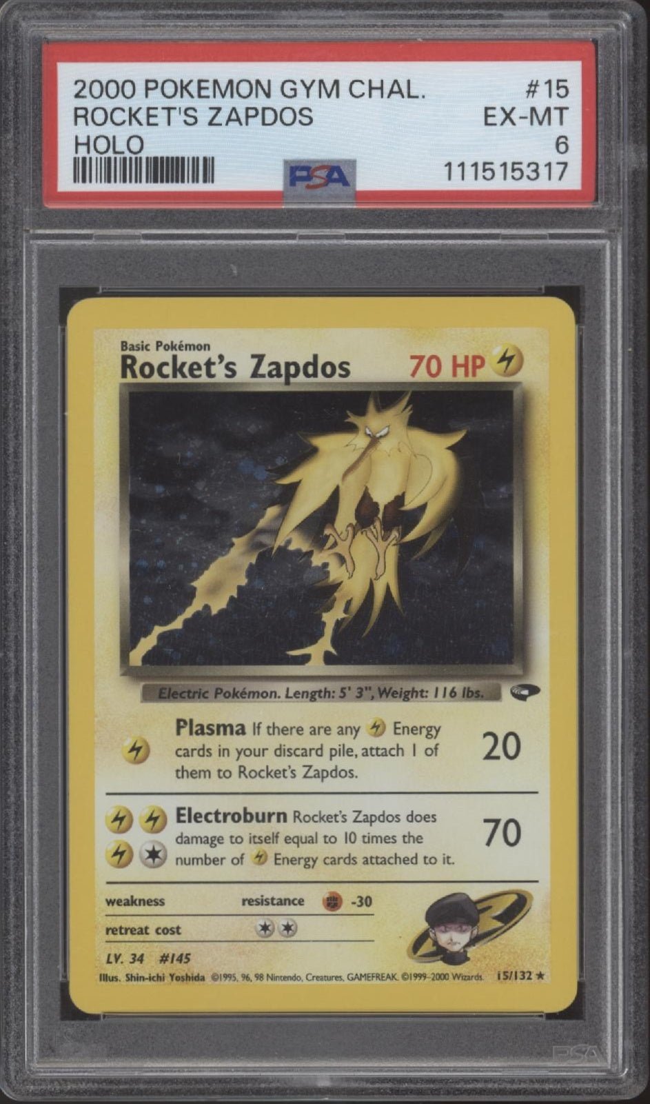 Rocket's Zapdos Pokemon Gym Challenge Holo #15 PSA 6