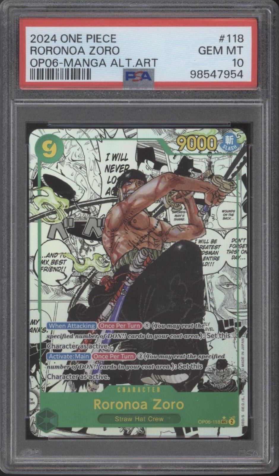 Roronoa Zoro One Piece Card Game Wings of the Captain Manga Alt Art #118 PSA 10